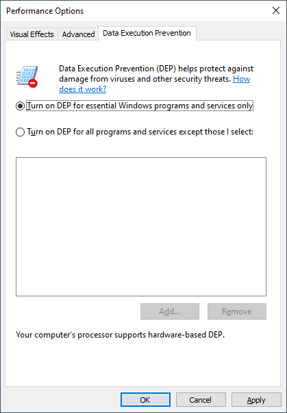 DEP settings window in Windows